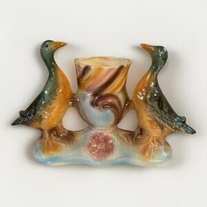 Vintage Ceramic Double Bird Planter Vase Pastel Glaze Figurine 13x8 Mid Century